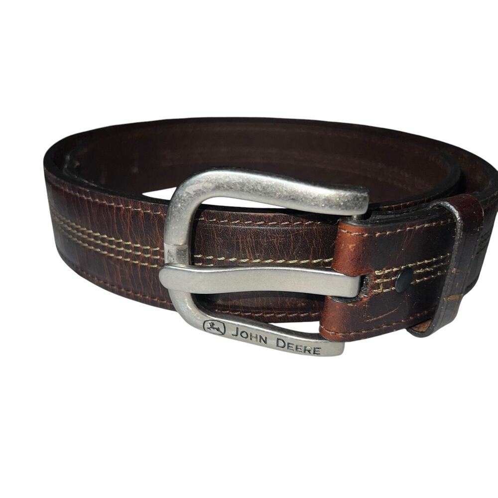 John Deere Brown leather belt stitched silver buckle center  men's 36